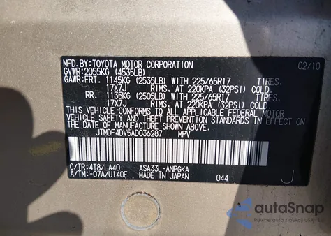 2010 Toyota Rav4 Limited z USA, uszkodzony, nr VIN JTMDF4DV5AD036287